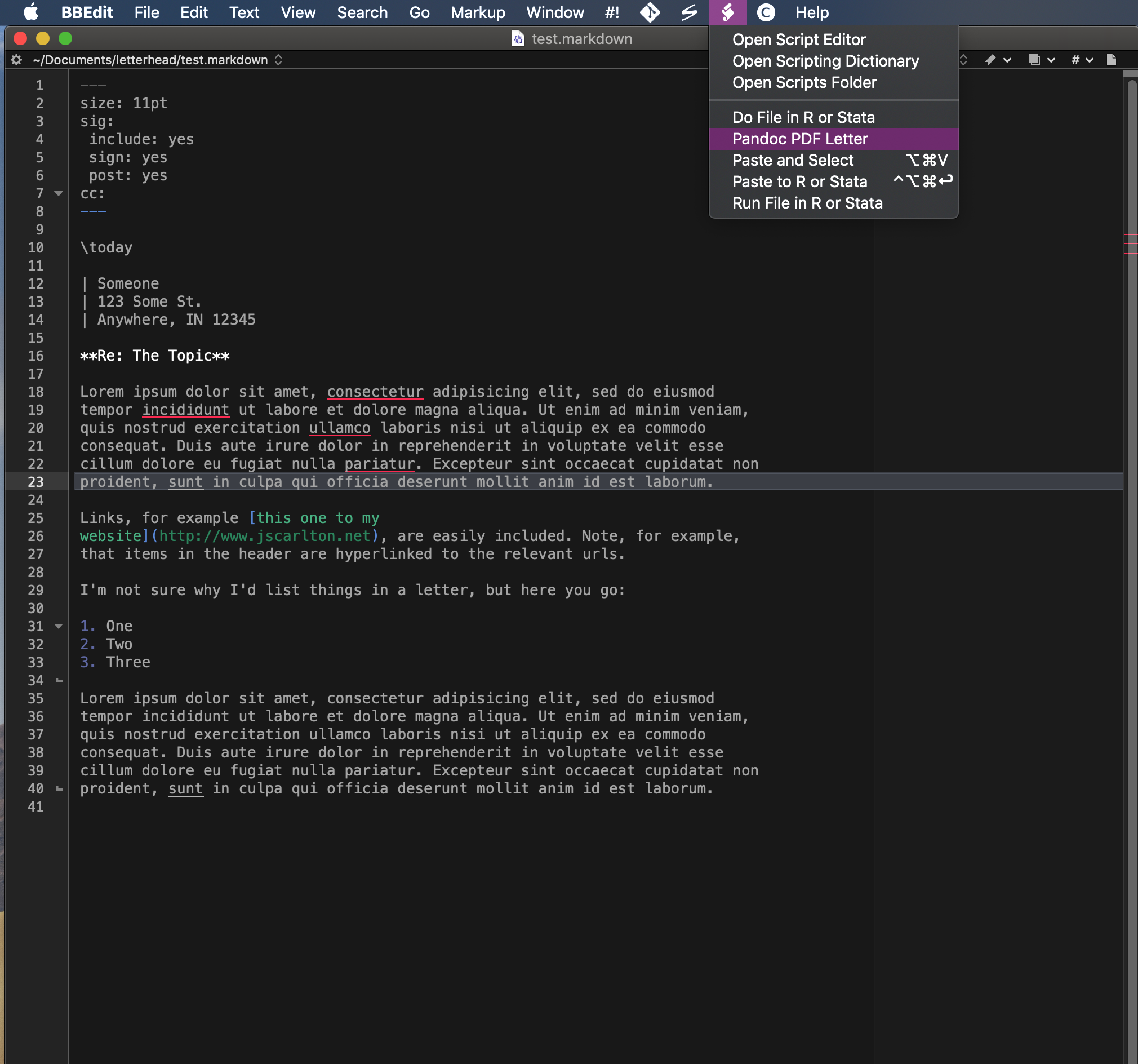 Screen capture of the BBEdit Script Menu